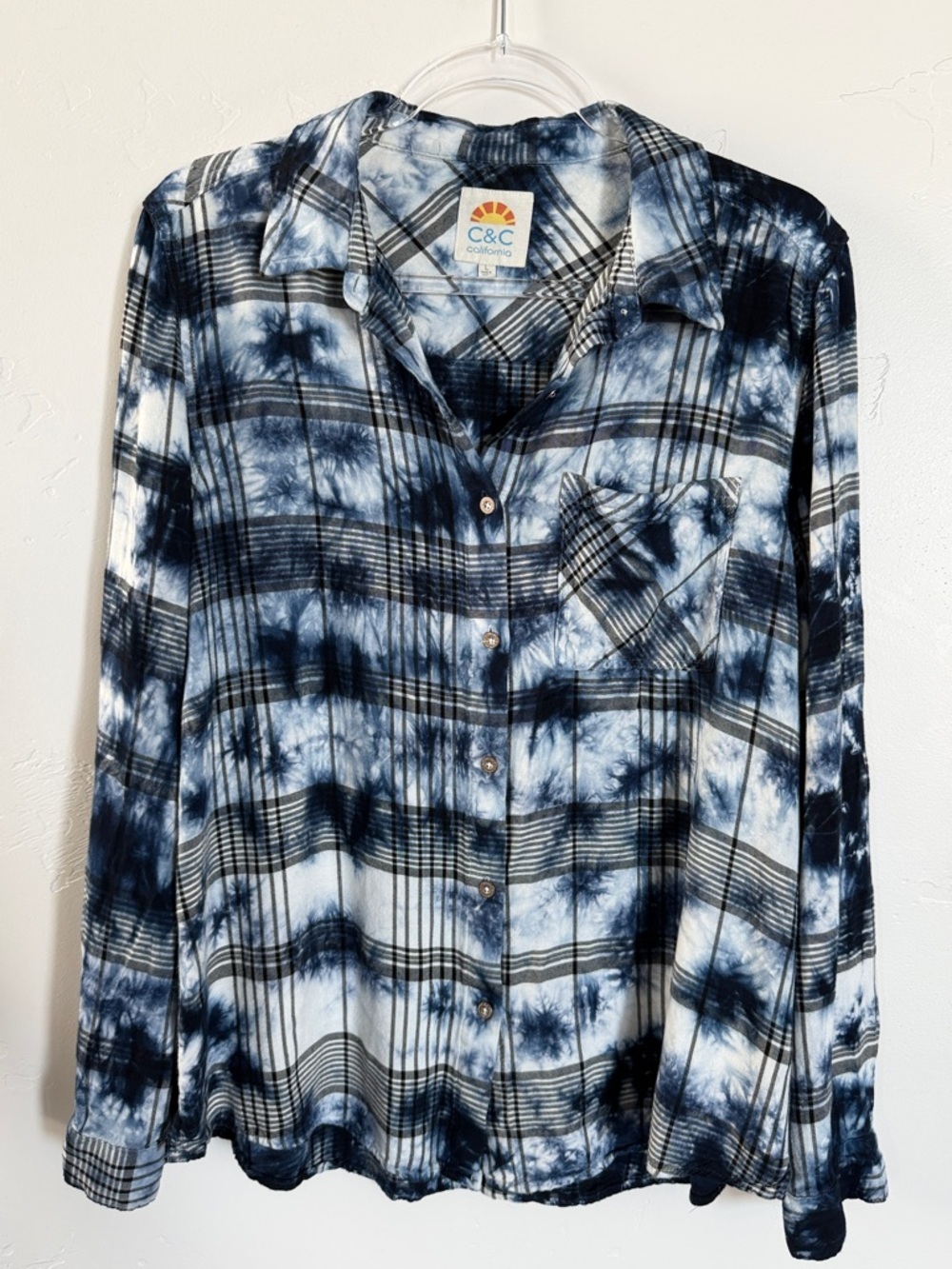 C&C California Navy and White Tie-Dye Plaid Shirt
